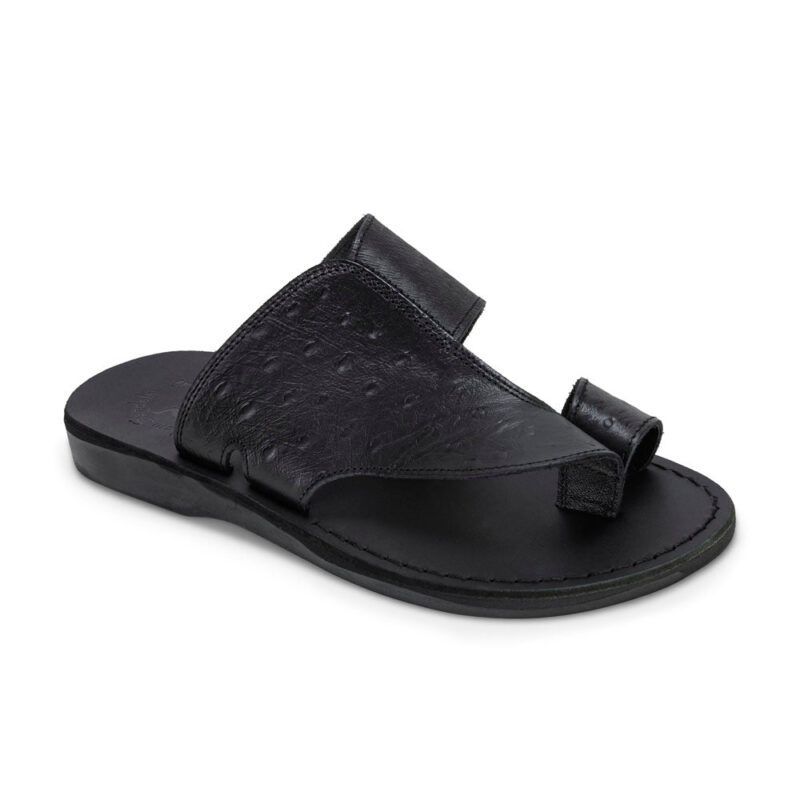 cantarela Black Ostrich Leather Toe Strap Sandal